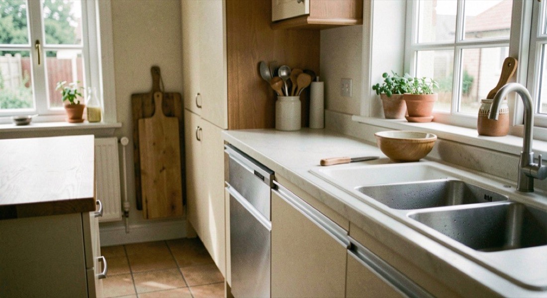Une cuisine lumineuse montre un plan de travail libre, des tiroirs bas coulissants et un évier avec un bol dans la lumière du matin
