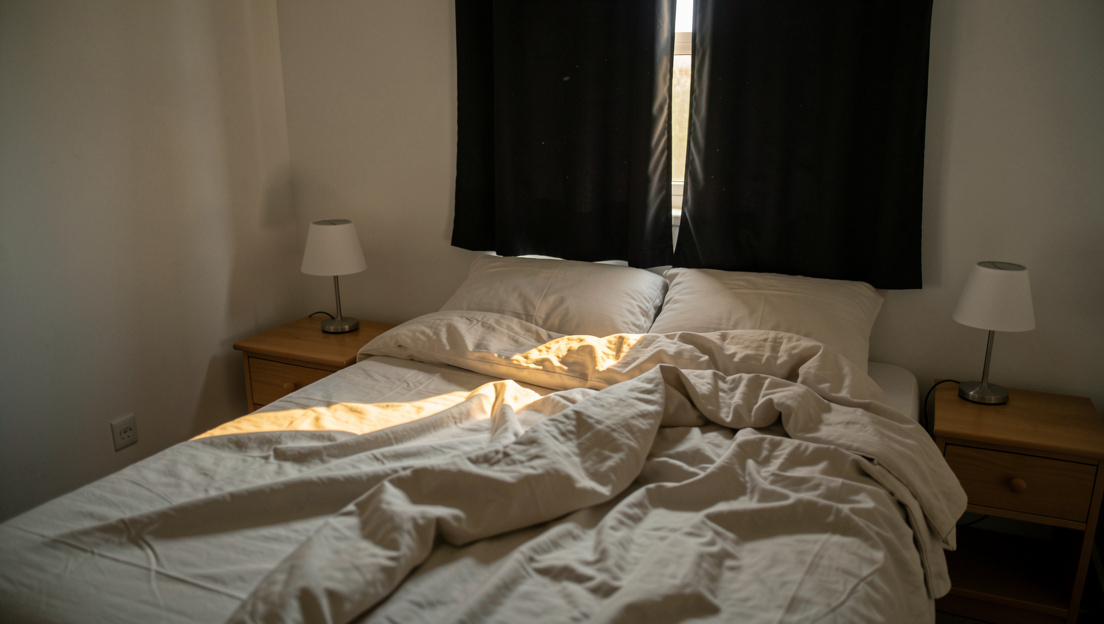Une chambre à coucher simple au petit matin, lit défait aux draps clairs, rideaux occultants à demi tirés laissant passer un rai de lumière dorée, table de nuit en bois avec une lampe éteinte, cadrage frontal légèrement en plongée.