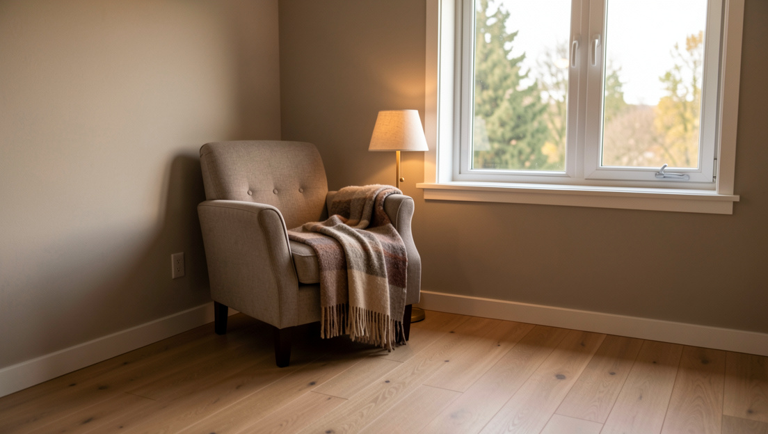Un angle de chambre calme avec un fauteuil près d'une fenêtre, une couverture pliée et une lampe d'appoint allumée, lumière douce de fin de journée, cadrage large montrant le sol dégagé.